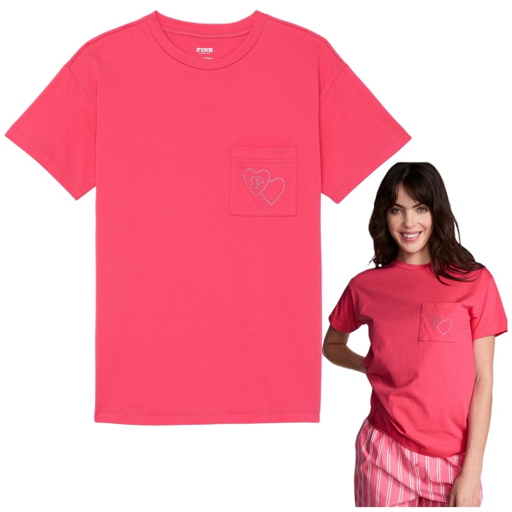 VS PINK Rhinestone Double Hearts Cotton Tee XL NEW WITH TAGS - Picture 3 of 11